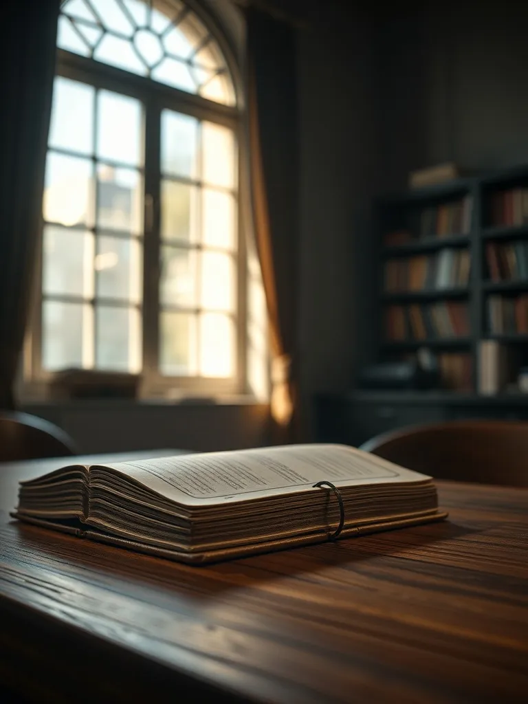 A close up of a vintage ledger book and a wooden desk in a d