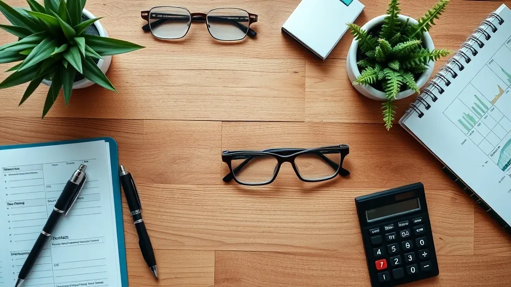 A detailed overhead shot of a wooden desk with a financial p