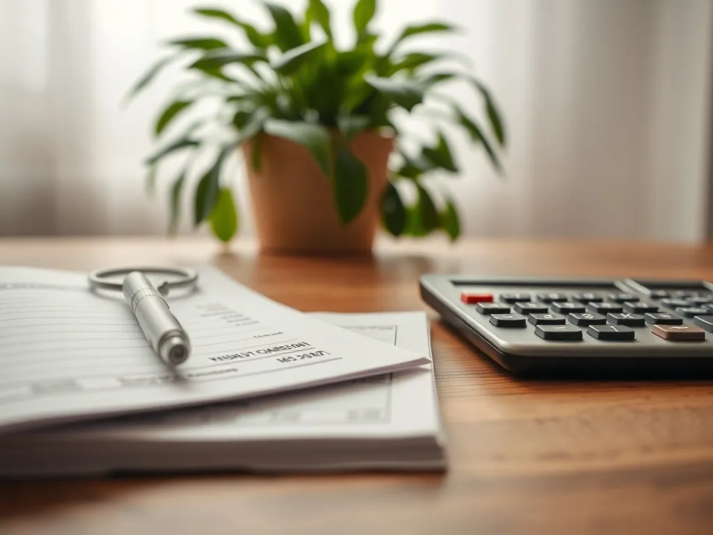A close up of a financial ledger and a calculator on a woode