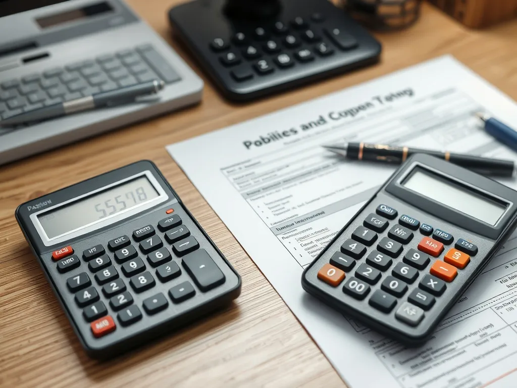 A professional office desk with a calculator, a pen, and tax