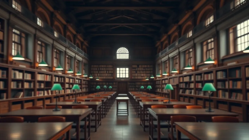 A wide shot of a classic university library with wooden tabl