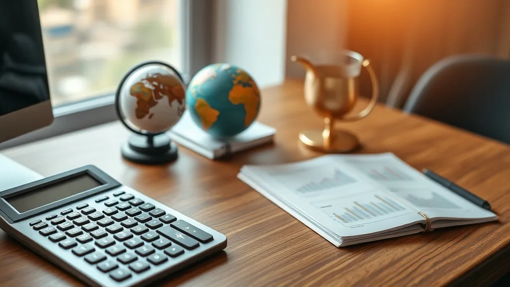 A professional wooden desk with a calculator, a small globe,