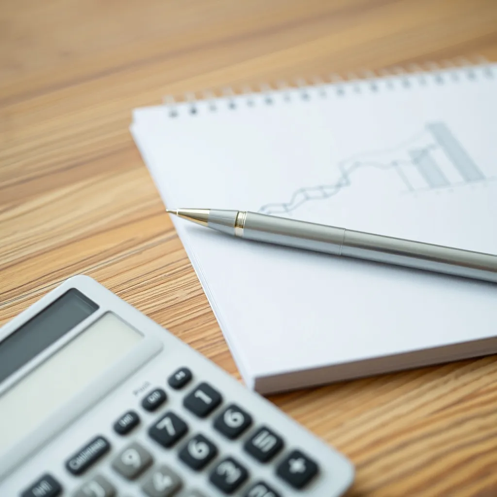 A close up of a wooden desk with a calculator, a pen, and a