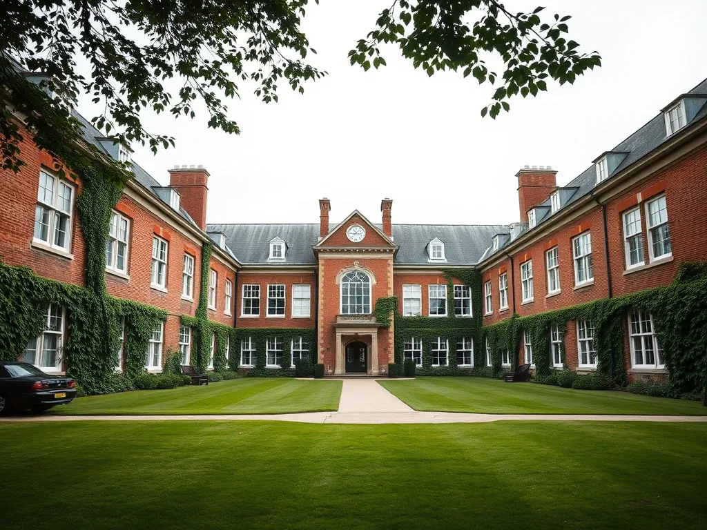 A wide shot of a traditional brick university campus buildin