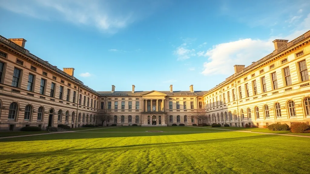 A wide shot of a classic university campus with stone buildi